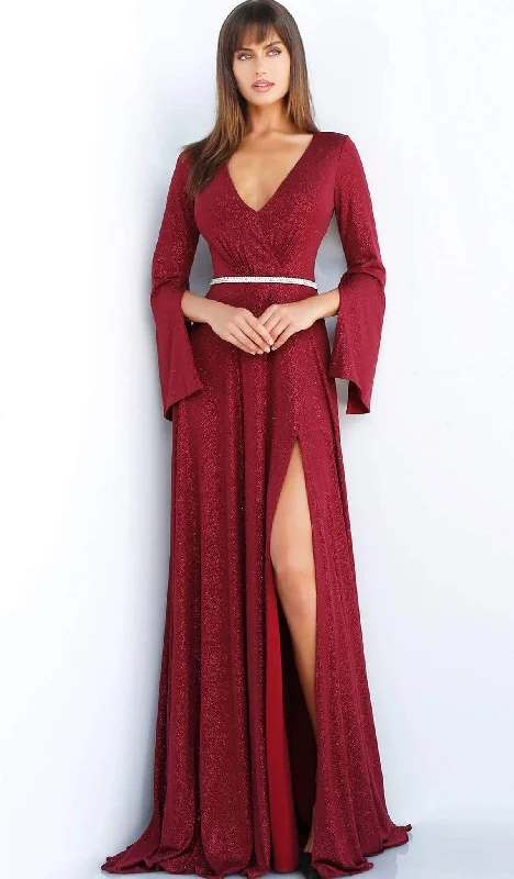 Mini wedding guest dresses with glittery accents for a trendy lookJovani - 63124 Split Long Sleeve Glitter High Slit Gown