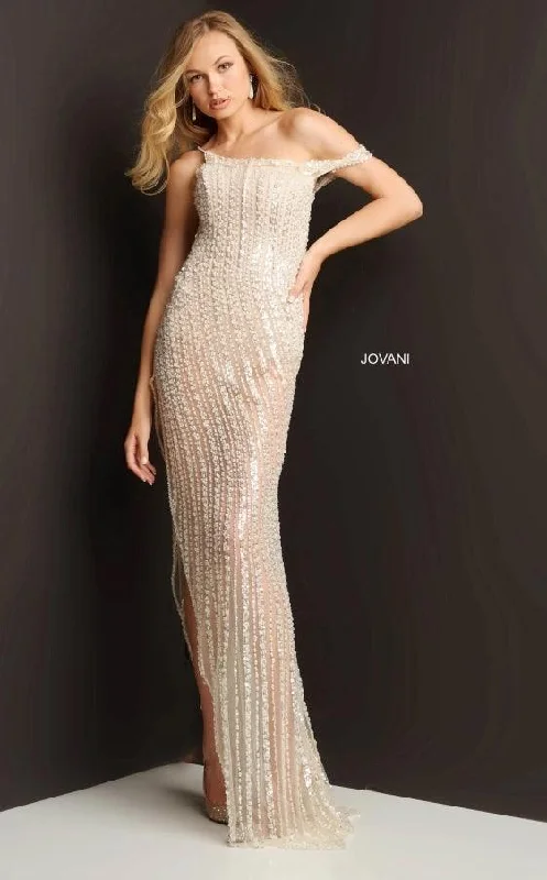 Sleeveless wedding guest dresses with ruffled hemsJovani 04887 Off Shoulder Long Sexy Prom Gown
