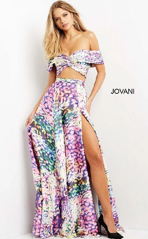 Sequined wedding guest dresses for an evening weddingJovani 08350 Off Shoulder Two Piece Long Prom Dress