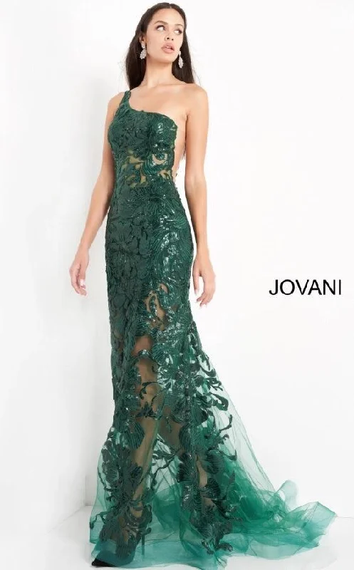 Wedding guest dresses with gathered skirts and V - necklinesJovani 02895 One Shoulder Formal Long Prom Gown