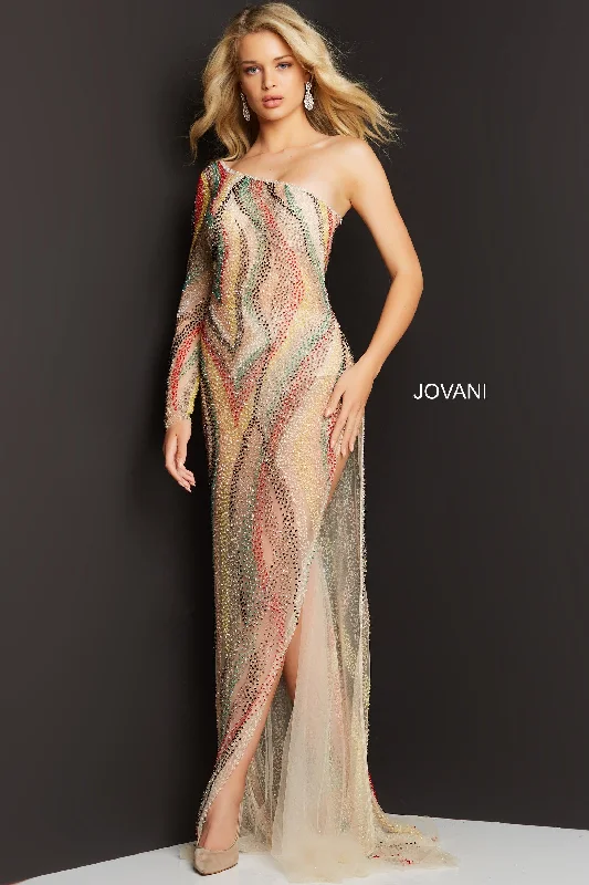 Mini wedding guest dresses with glittery accents for a trendy lookJovani 06741 One Shoulder Long Formal Prom Gown