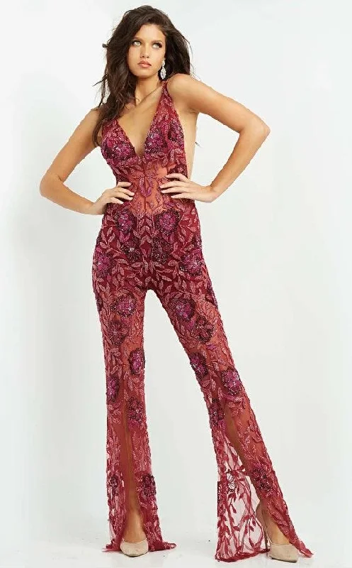 Bow - backed wedding guest dresses in silk for a luxurious feelJovani 04402 Sexy Formal Halter Beaded Jumpsuit