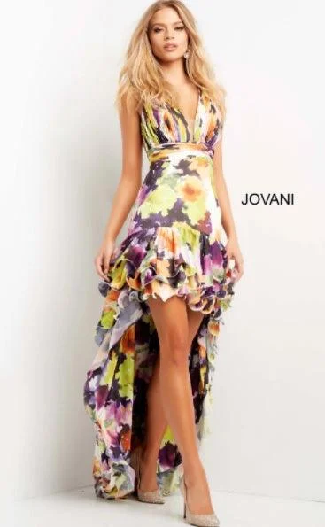 Sleeveless wedding guest dresses with ruffled hemsJovani 09389 High Low Formal Floral Print Prom Gown