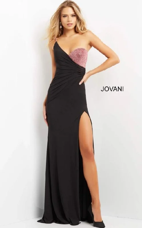 Wedding guest dresses with empire waists and tulle skirtsJovani 09021 One Shoulder Long Formal Prom Gown