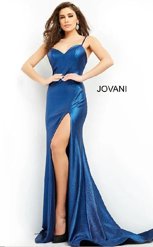 Wedding guest dresses with cold - shoulder ruffled sleeves and knee - length hemsJovani 06527 Spaghetti Strap Long Prom Gown