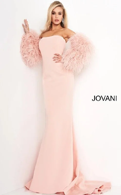 Velvet - trimmed wedding guest dresses in burgundy for a formal eventJovani 1226 Strapless Long Mermaid Prom Gown