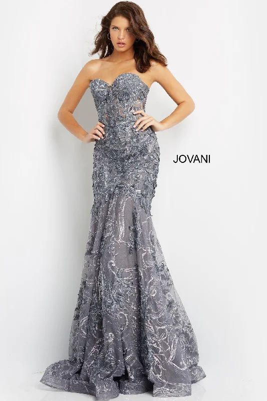 Satin wedding guest dresses with side slits for a sexy touchJovani 07935 Strapless Sexy Long Prom Dress