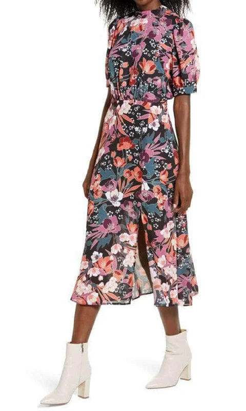Printed wedding guest dresses with tropical motifs for beach weddingsJulia Jordan JJ38194 - Puff Sleeve Midi Dress