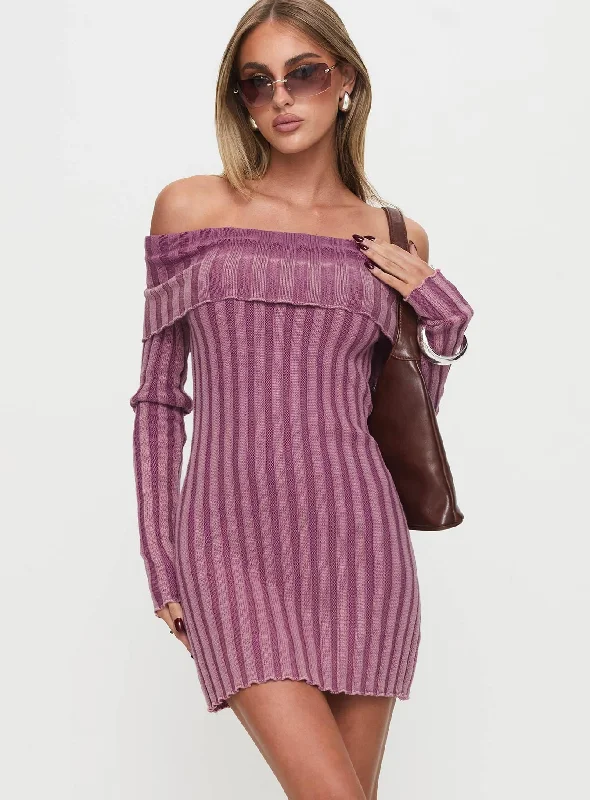 Mini dresses with one - shoulder designsKalesie Long Sleeve Rib Mini Dress Pink