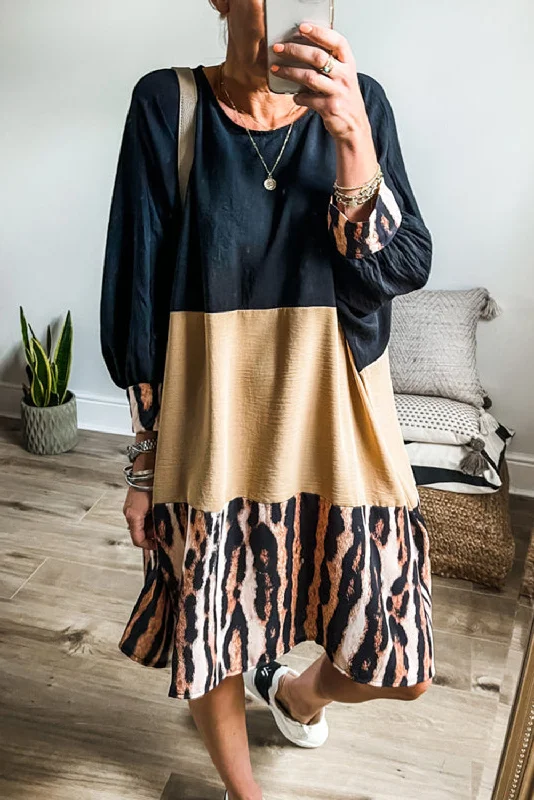 Mini dresses with gathered skirts for a voluminous effectKhaki Printed Tiger Stripe Colorblock Bishop Sleeve Mini Dress Mini dresses with gathered skirts for a voluminous effectKhaki Printed Tiger Stripe Colorblock Bishop Sleeve Mini Dress