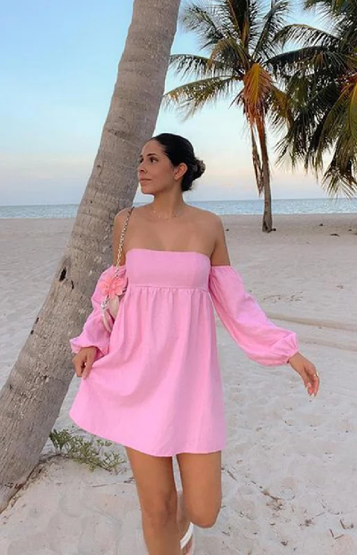 Mini dresses with high - low hems for a modern twistKoa Pink Off Shoulder Linen Mini Dress