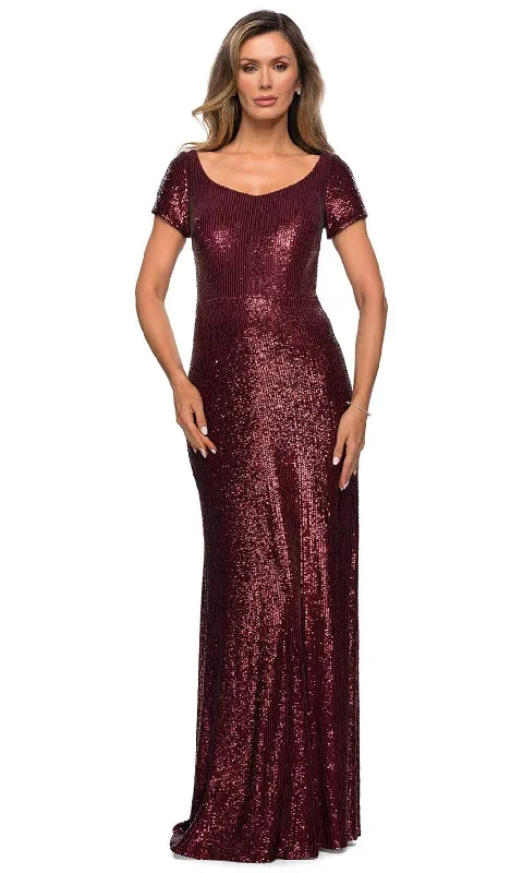 A - line cocktail wedding guest dresses in pastel colorsLa Femme - 27916 Allover Sequins Short Sleeve Evening Gown