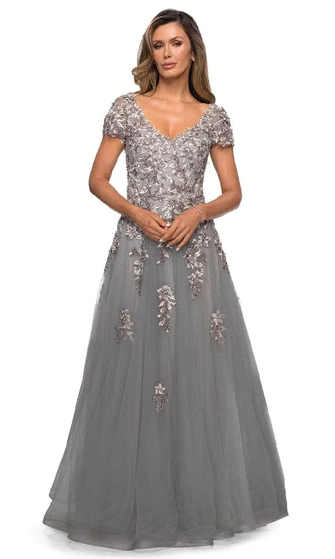 Satin wedding guest dresses with side slits for a sexy touchLa Femme 27968SC - Appliqued Short Sleeve Formal Gown