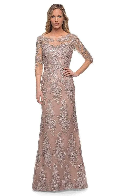 Ribbed - texture wedding guest dresses in neutral colorsLa Femme - 29225SC Quarter Length Sleeve Formal Dress