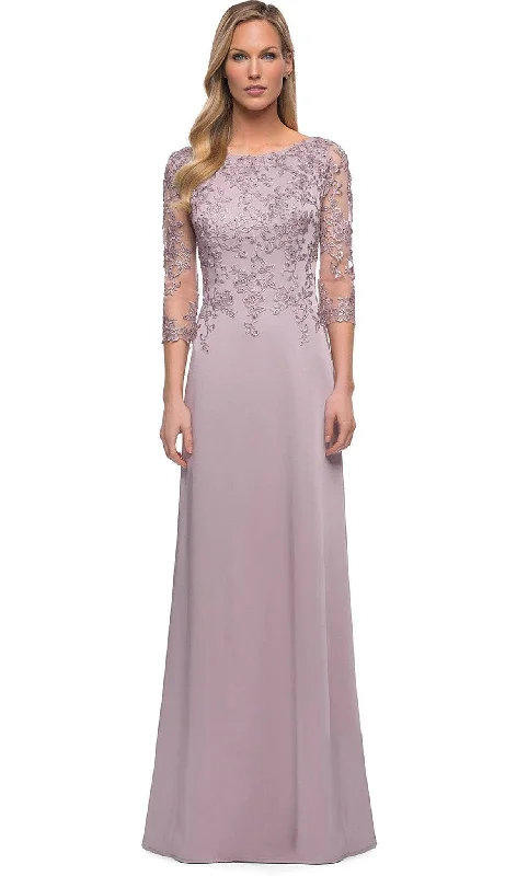 Polka - dot - printed wedding guest dresses with short sleevesLa Femme 29251SC - A-Line Lace Appliqued Formal Gown