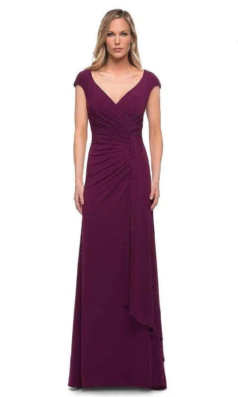 Wedding guest dresses with abstract prints and long trainsLa Femme 29814SC - Ruched Bodice Cap Sleeve Formal Dress Wedding guest dresses with abstract prints and long trainsLa Femme 29814SC - Ruched Bodice Cap Sleeve Formal Dress