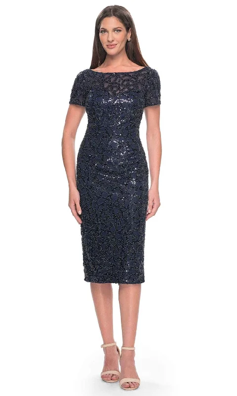 Halter - neck wedding guest dresses with beaded strapsLa Femme 30043SC - Bateau Knee-Length Cocktail Dress