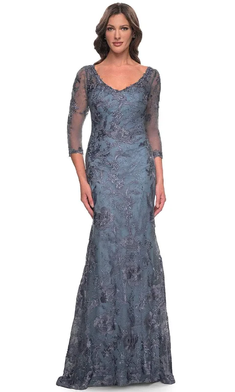 A - line cocktail wedding guest dresses in pastel colorsLa Femme 30130SC - Illusion Sleeve Lace Evening Dress