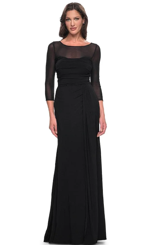 Cotton wedding guest dresses with smocked details for a casual weddingLa Femme 30230SC - Illusion Bateau Jersey Evening Dress Cotton wedding guest dresses with smocked details for a casual weddingLa Femme 30230SC - Illusion Bateau Jersey Evening Dress