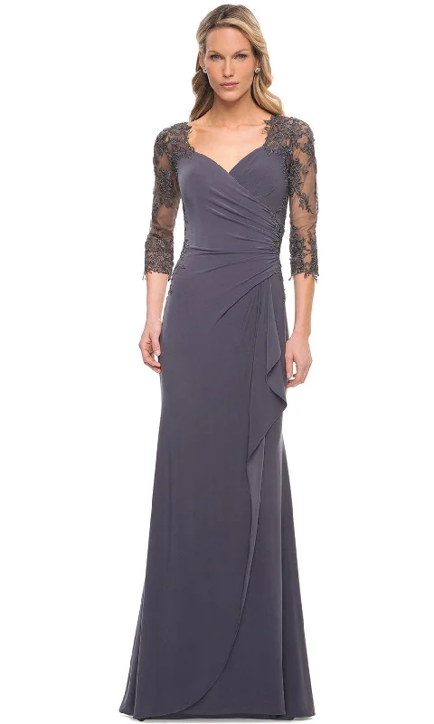 Maxi wedding guest dresses with floral prints for summer weddingsLa Femme 30384 - Lace Covered Sleeves Net Jersey Gown