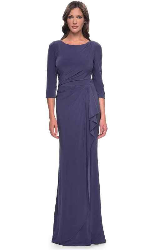 Ribbed - texture wedding guest dresses in neutral colorsLa Femme 30814SC - Jersey Quarter Sleeve Evening Dress Ribbed - texture wedding guest dresses in neutral colorsLa Femme 30814SC - Jersey Quarter Sleeve Evening Dress