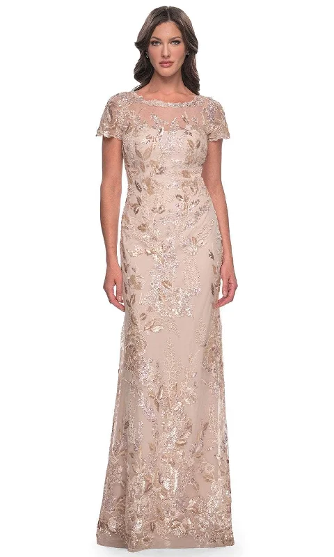 Bow - backed wedding guest dresses in silk for a luxurious feelLa Femme 30841SC - Short Sleeve Embellished Formal Dress Bow - backed wedding guest dresses in silk for a luxurious feelLa Femme 30841SC - Short Sleeve Embellished Formal Dress