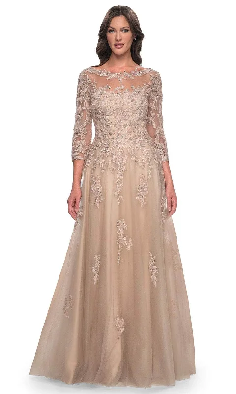 Wedding guest dresses with keyhole backs and flowing fabricsLa Femme 30859SC - Laced Quarter Sleeve Prom Gown Wedding guest dresses with keyhole backs and flowing fabricsLa Femme 30859SC - Laced Quarter Sleeve Prom Gown
