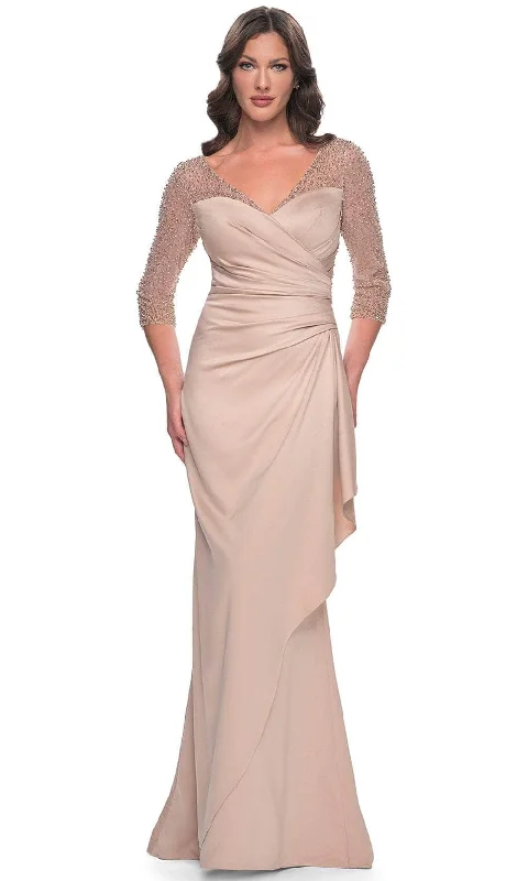Wedding guest dresses with fringe accents for a bohemian - inspired weddingLa Femme 31011SC - Beaded Illusion Quarter Sleeve Evening Gown Wedding guest dresses with fringe accents for a bohemian - inspired weddingLa Femme 31011SC - Beaded Illusion Quarter Sleeve Evening Gown