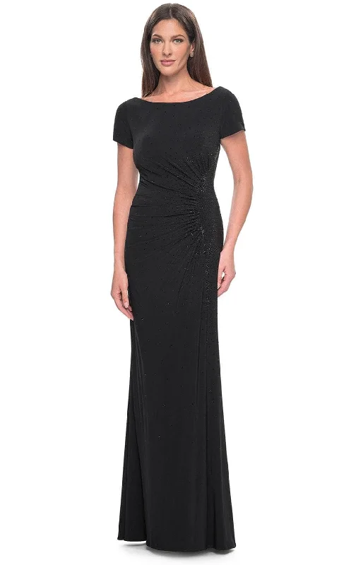 Wedding guest dresses with cold - shoulder designs and solid colorsLa Femme 31773SC - Short Sleeve Draped Evening Dress Wedding guest dresses with cold - shoulder designs and solid colorsLa Femme 31773SC - Short Sleeve Draped Evening Dress