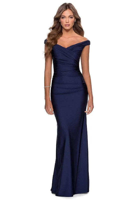 Cotton wedding guest dresses with smocked details for a casual weddingLa Femme - Off Shoulder Jersey Sheath Dress 28450SC