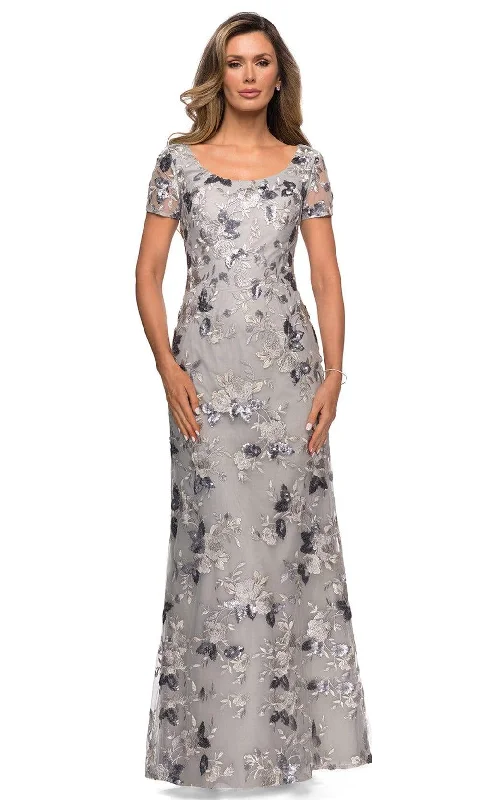 A - line cocktail wedding guest dresses in pastel colorsLa Femme - Sequined Floral Lace Sheath Dress 27991SC