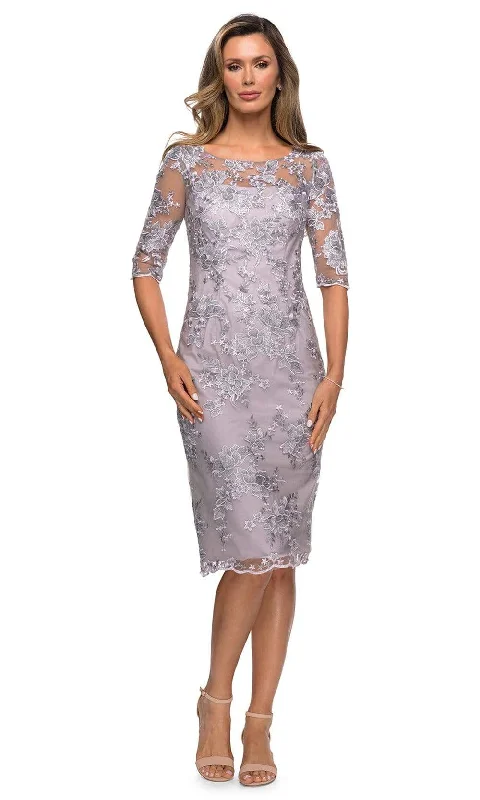 One - shoulder wedding guest dresses with beaded detailsLa Femme - Sheer Neckline and Sleeves Floral Lace Sheath Knee-Length Dress 27895SC
