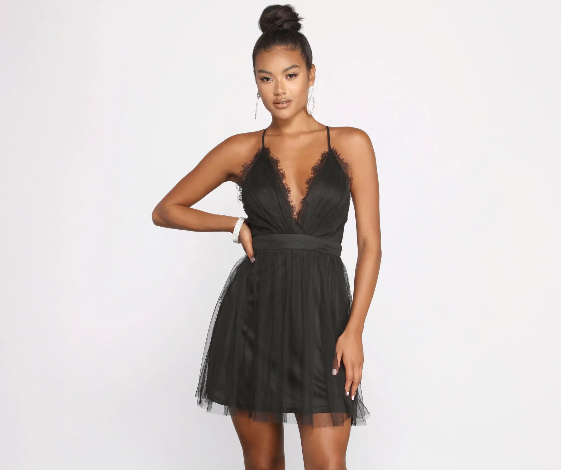 Mini dresses with asymmetric hems for a fashion - forward lookLace Allure Mesh Skater Dress