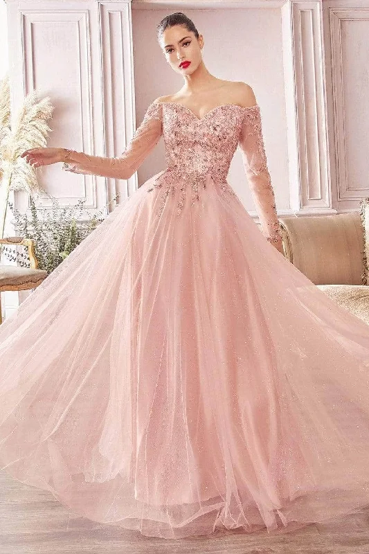 Tea - length wedding guest dresses with polka dot patternsLadivine CD0172 - Beaded Glitter A-Line Tulle Gown