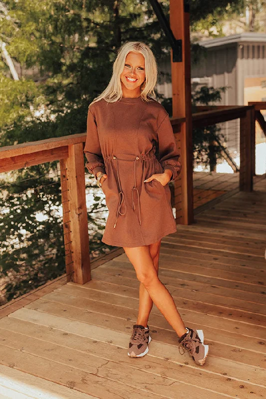 Mini dresses with side slits for a sexy appealLatte Run Drawstring Mini Dress in Chocolate
