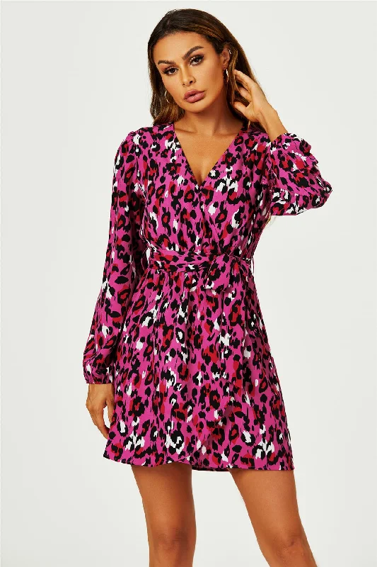 Mini dresses with pom - pom trims for a playful feelLeopard Print Wrap Top Mini Dress In Magenta Mini dresses with pom - pom trims for a playful feelLeopard Print Wrap Top Mini Dress In Magenta