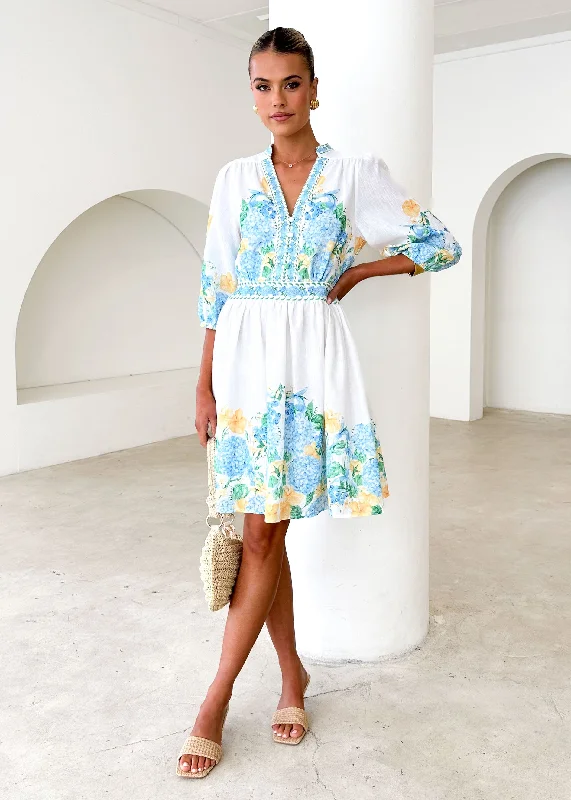 Mini dresses with empire waists for a flattering fitLielani Dress - Blue Hydrangea