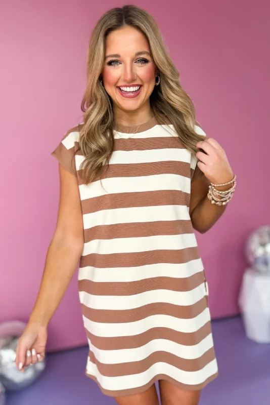 Mini dresses with cut - out details for a trendy lookLight Mocha Striped Cap Sleeve Dress
