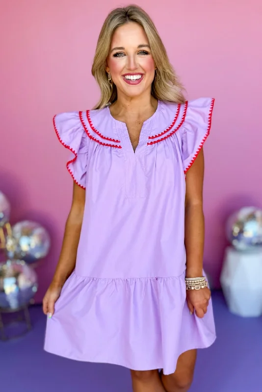 Mini dresses with criss - cross backs for a flirty lookLilac V Neck Inset Flutter Sleeve Contrast Embroidered Detail Dress