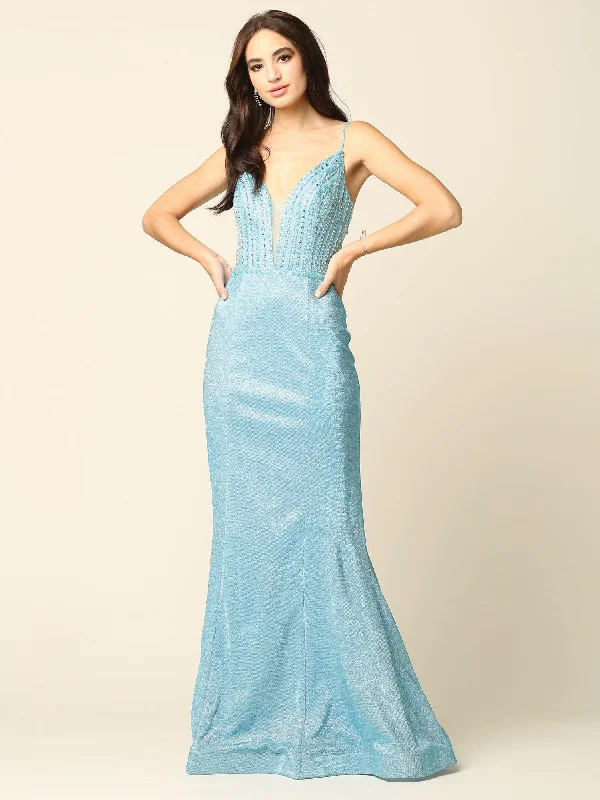 Wedding guest dresses with button - down fronts and A - line silhouettesLong Formal Spaghetti Strap Metallic Prom Dress Wedding guest dresses with button - down fronts and A - line silhouettesLong Formal Spaghetti Strap Metallic Prom Dress