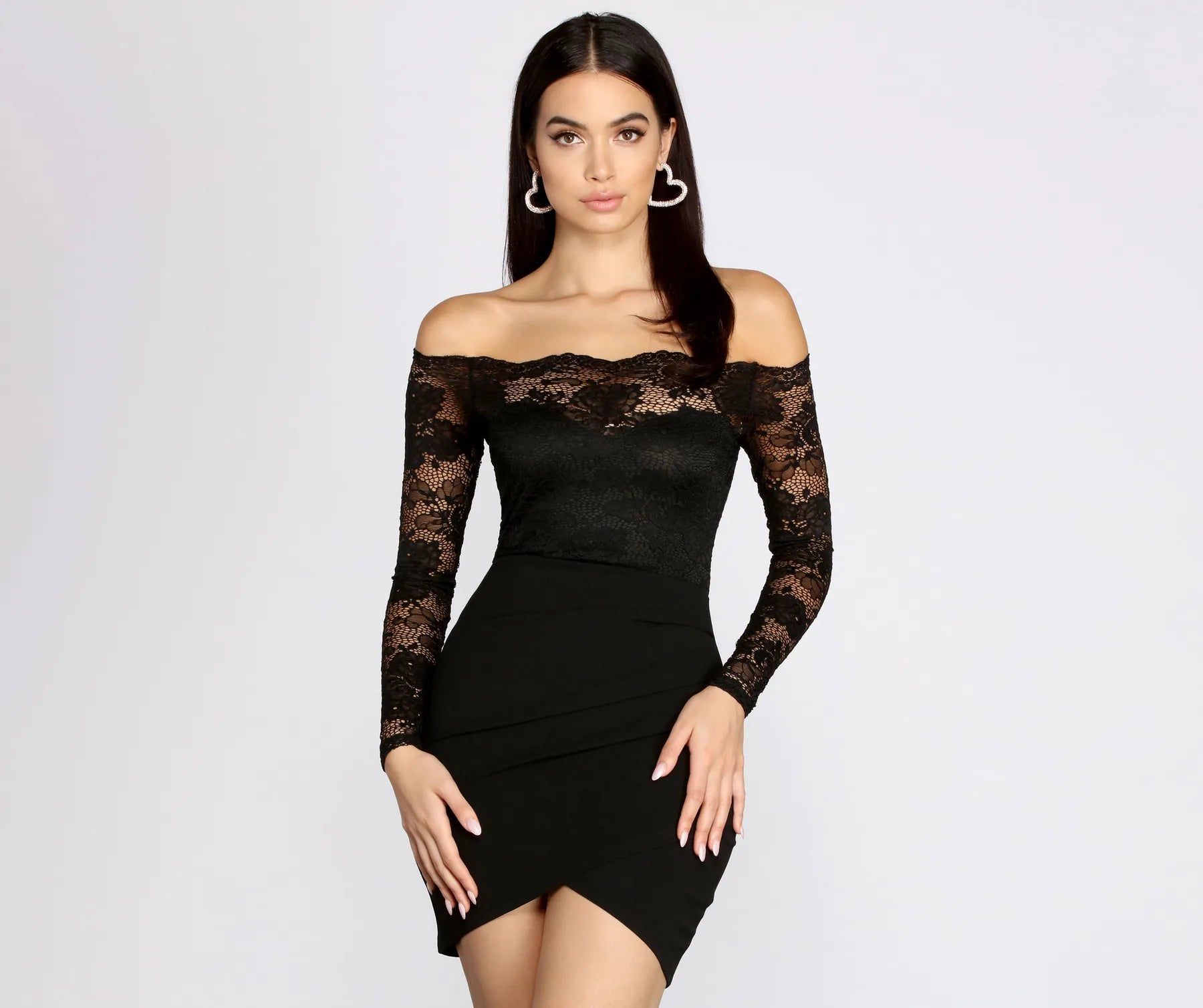 Mini dresses with V - necklines for a flattering shapeLovely Look Lace Off Shoulder Mini Dress