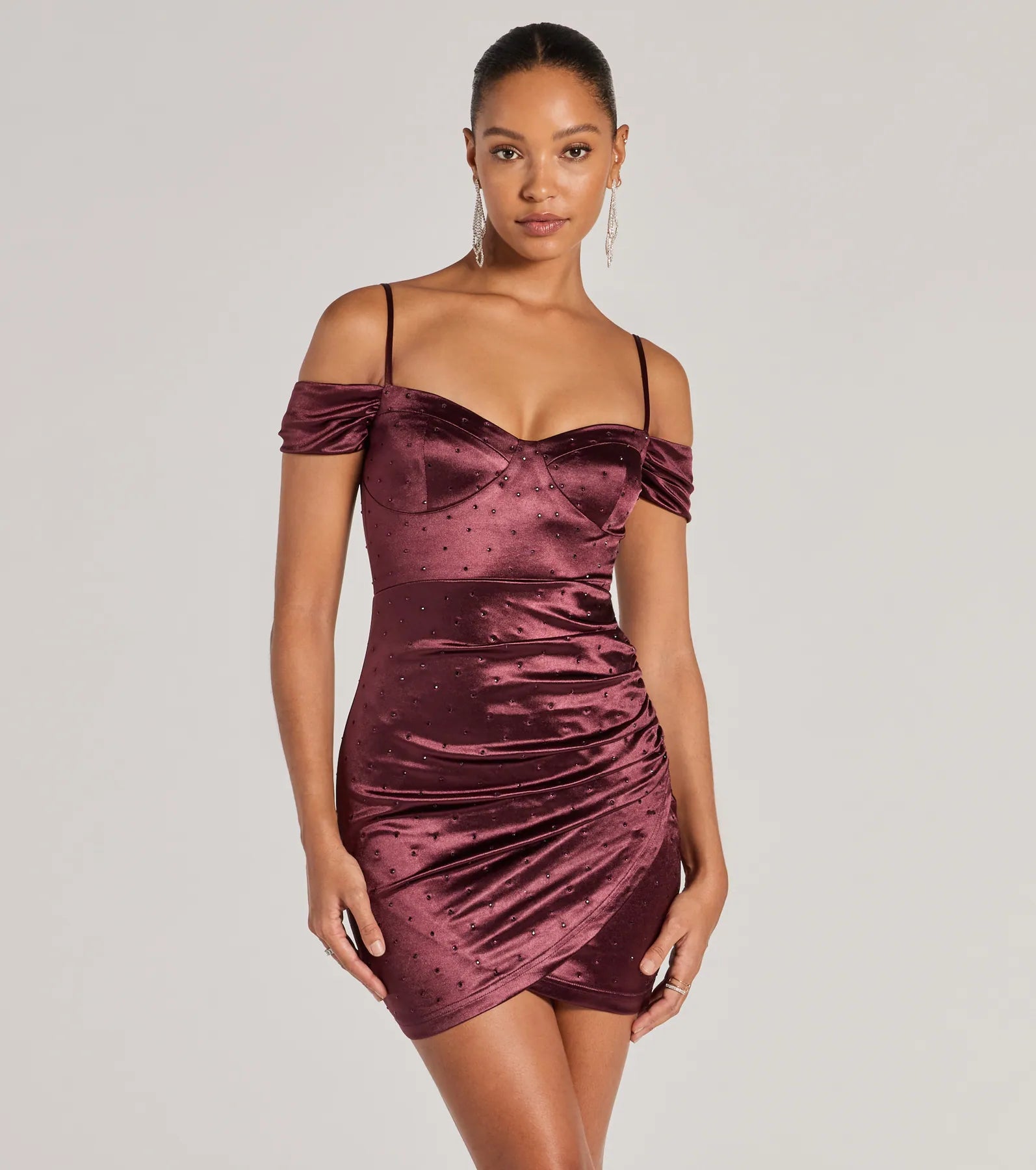 Mini dresses with one - shoulder designsLuxe Cold-Shoulder Rhinestone Satin Mini Dress Mini dresses with one - shoulder designsLuxe Cold-Shoulder Rhinestone Satin Mini Dress