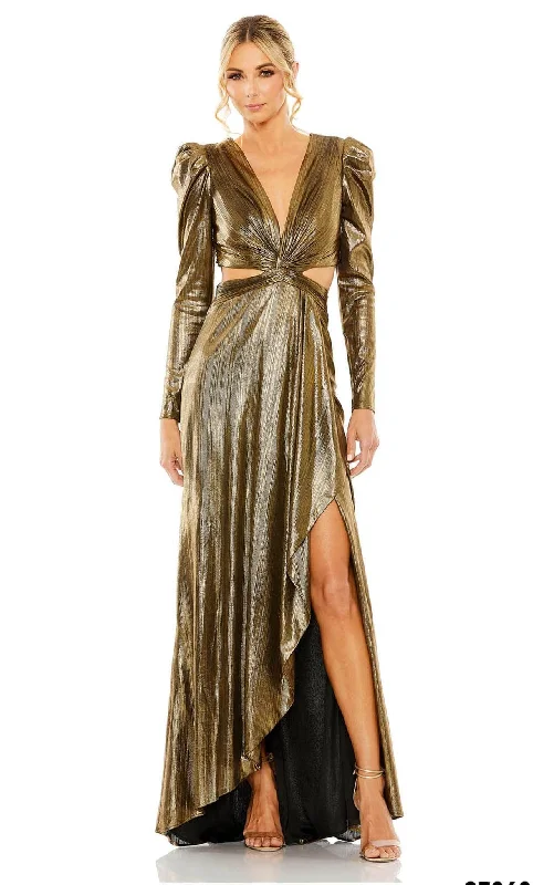 Asymmetric - hem wedding guest dresses in metallic huesMac Duggal 27060 - Metallic Cutout V-neck Evening Gown