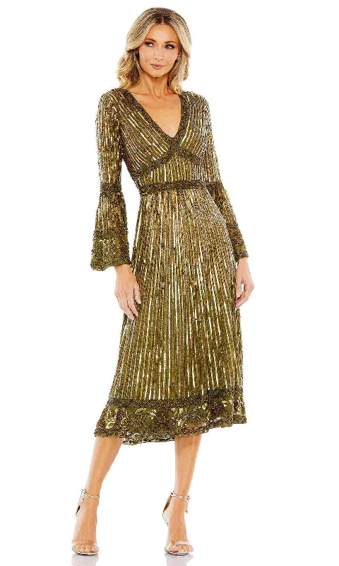 Plaid wedding guest dresses in muted colors for a fall weddingMac Duggal 5591 - Bell Sleeve Sequin Evening Dress