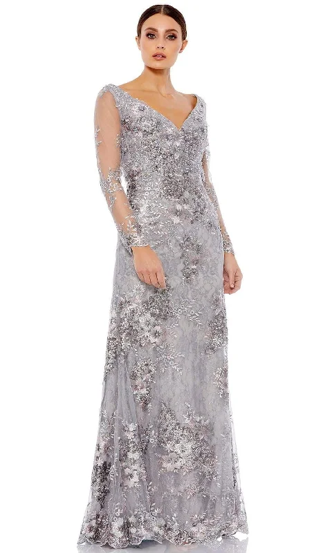 Plaid wedding guest dresses in muted colors for a fall weddingMac Duggal - 67539 Embroidered Long Sleeve Sheath Gown
