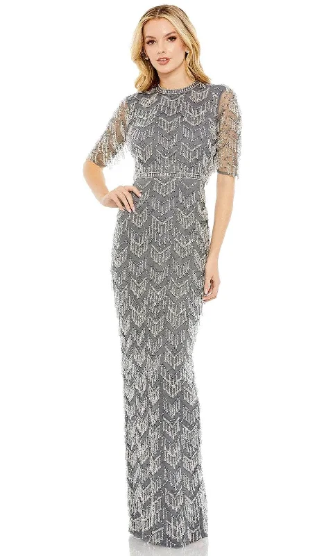 Wedding guest dresses with belted waists and knee - length skirtsMac Duggal 93804 - Quarter Sleeve Dangling Evening Gown