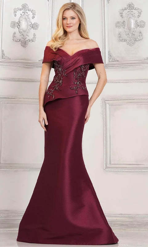 Wedding guest dresses with button - down fronts and A - line silhouettesMarsoni by Colors MV1312 - Beaded Applique Off Shoulder Formal Gown