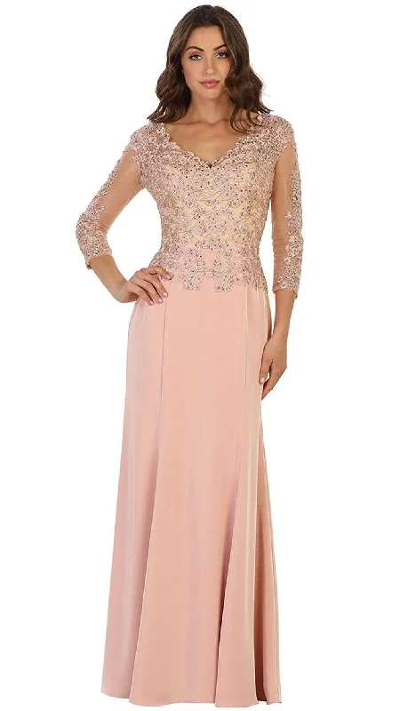 Midi wedding guest dresses in navy blue for a formal affairMay Queen - MQ1505 Quarter Length Sleeve Lace Sheath Evening Dress