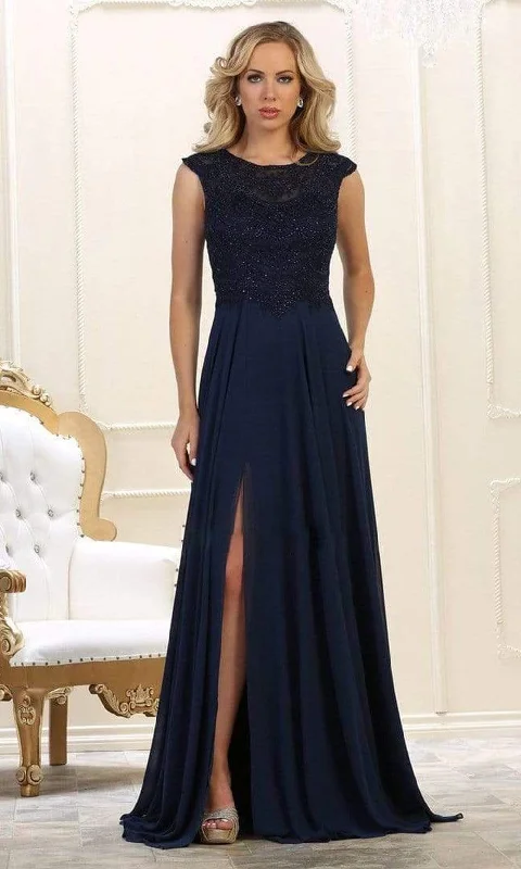 Tea - length wedding guest dresses with polka dot patternsMay Queen - MQ1563B Bateau A-Line Dress with Slit