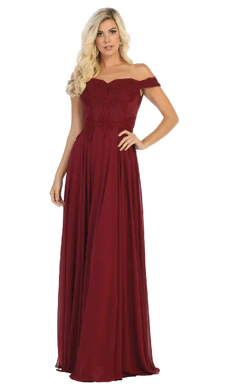 Lace - trimmed wedding guest dresses in blush pinkMay Queen - MQ1644B Embroidered Off-Shoulder A-Line Dress